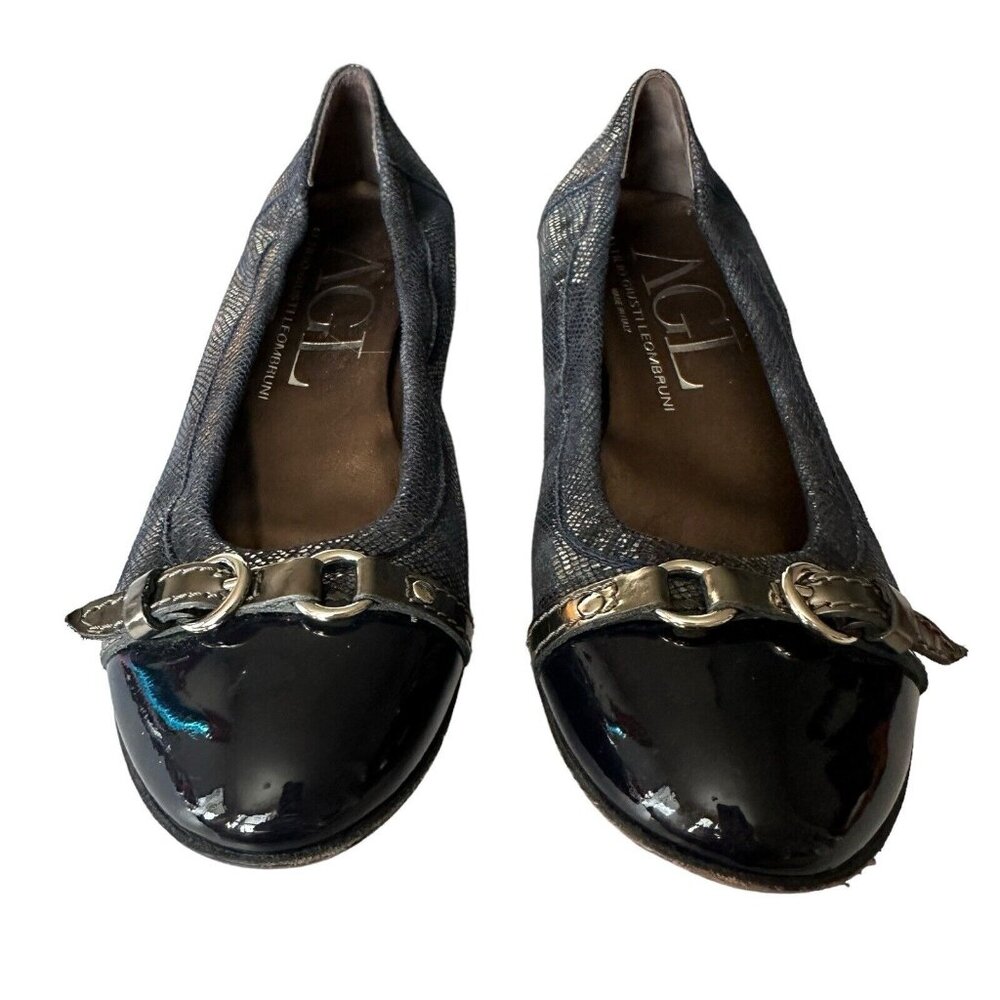 AGL Monika Ballet Flats Cap Toe Patent Leather‎ Suede Navy Shimmer Size EU 35.5